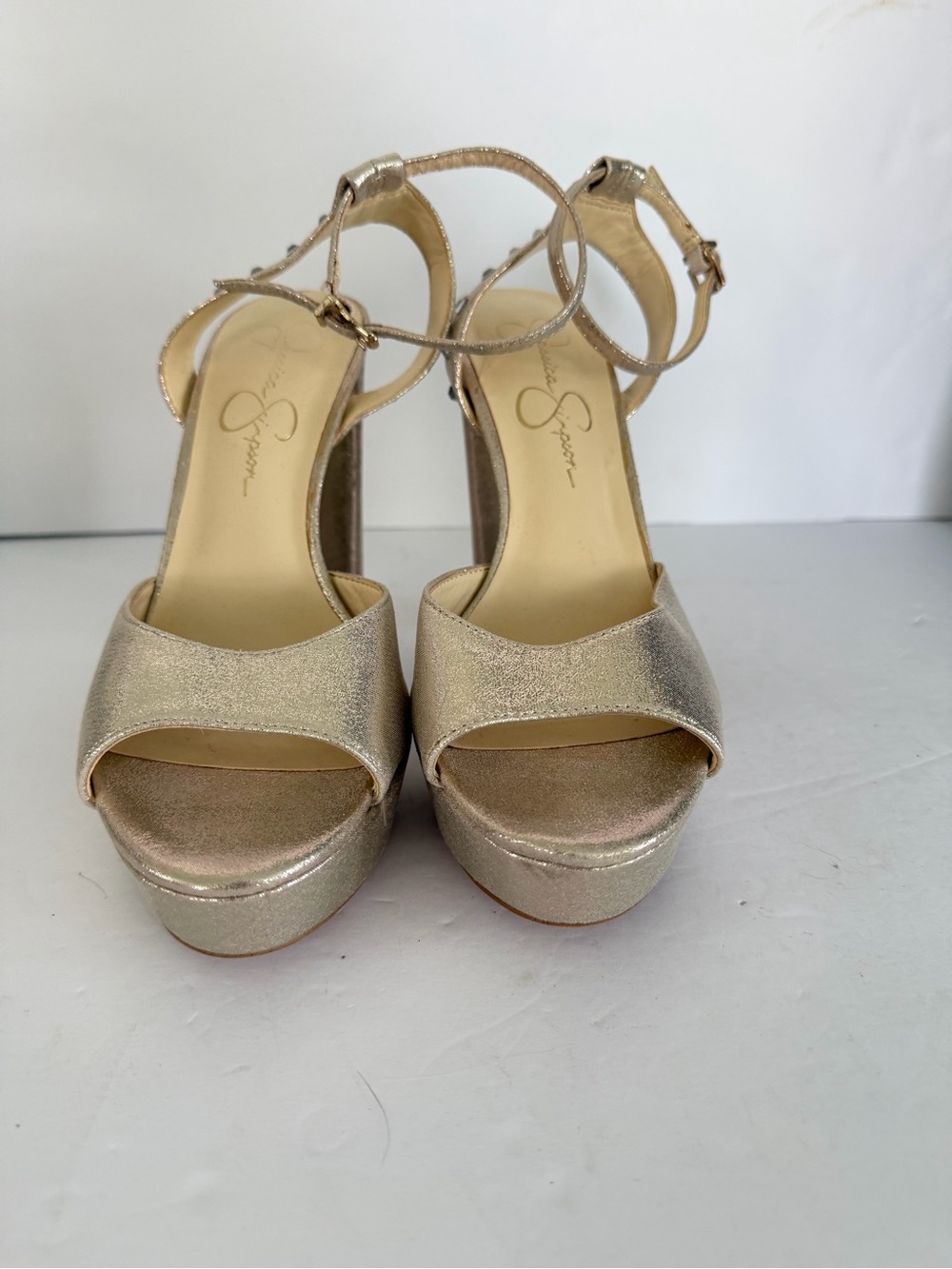 Jessica Simpson Jovye Metallic Platform Sandals Heels Womens 8.5 M 39 Rhinestone